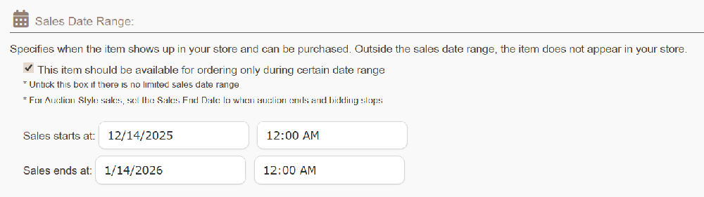 Sales Date Range for Merchandise, Food, Drink & Gift Cards