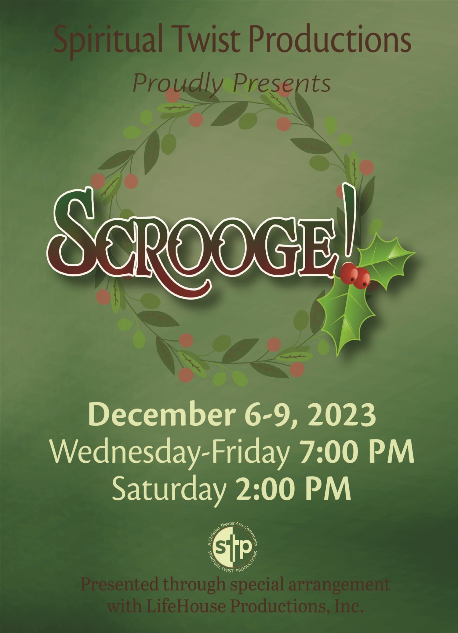 Scrooge! Friday, December 8, 2023 @ 7 PM on Dec 08, 19:00@Spiritual Twist Productions - Pick a seat, Buy tickets and Get information on Spiritual Twist Productions tickets.spiritualtwist.com