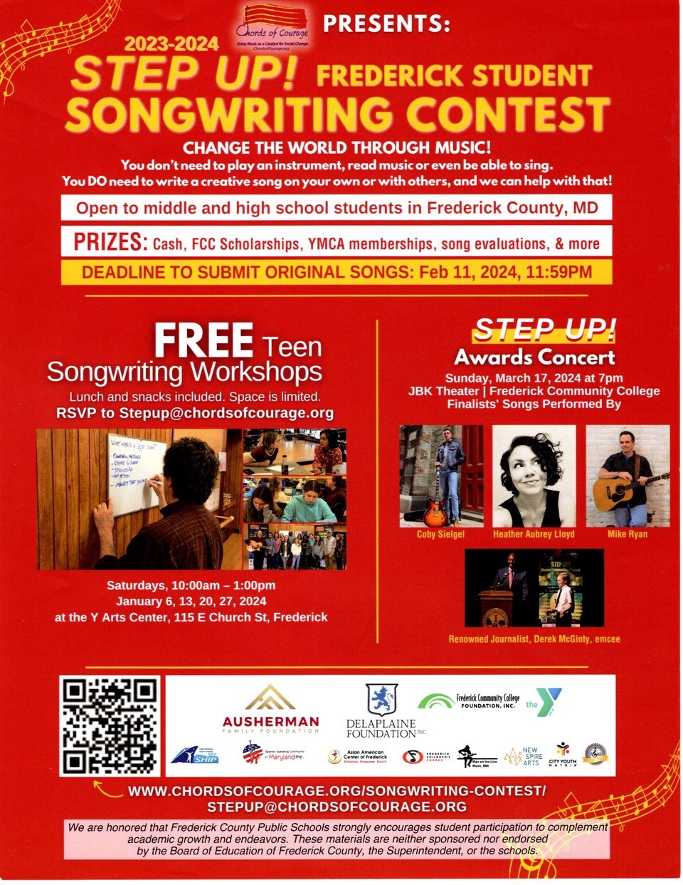 2024 STEP UP! Frederick Awards Concert for the STEP UP! Frederick Student Songwriting Contest on Mar 17, 19:00@JBK Theater at Frederick Community College, Frederick, MD - Buy tickets and Get information on chordsofcourage.org 