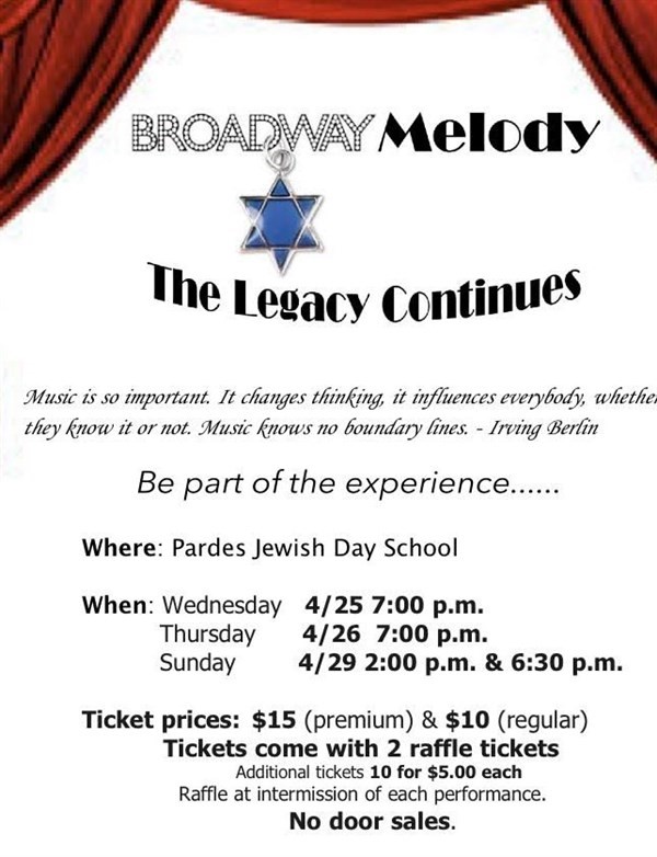 Get Information and buy tickets to Broadway Melody April 29th 6:30 PM  on Pardes Jewish Day School