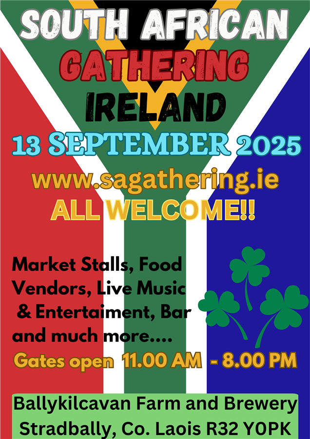 Get Information and buy tickets to South African Gathering 2025 South Africans and Friends in Ireland on SOUTH AFRICAN GATHERING
