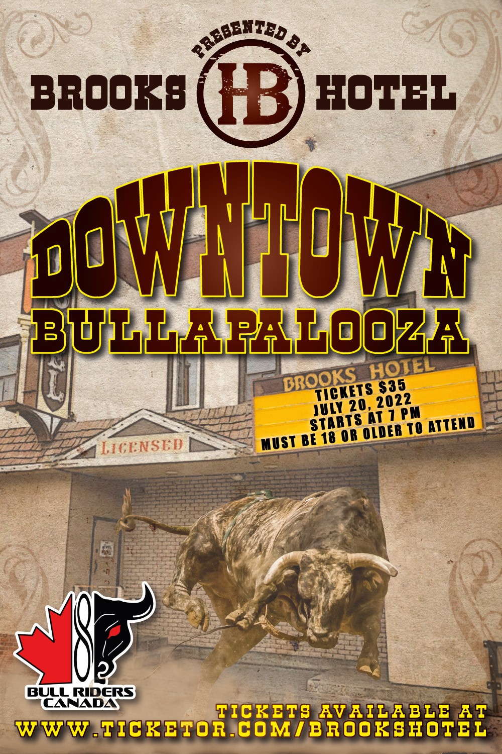 Brooks Hotel Presents: Downtown Bullapalooza First ever bull riding in the middle of Downtown Brooks on Jul 20, 18:00@Brooks Hotel - Buy tickets and Get information on Brooks Hotel 
