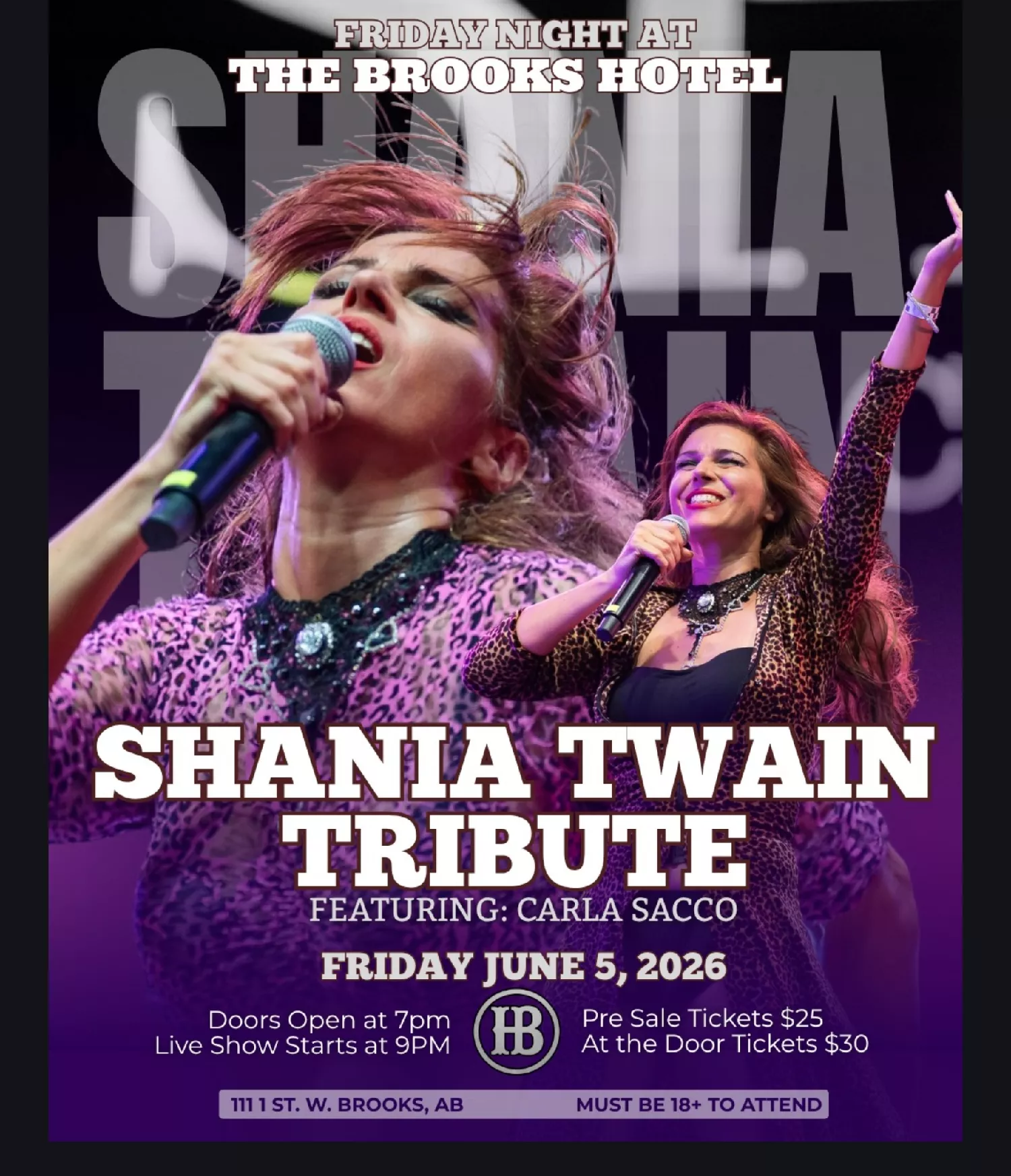 Get information & buy tickets toShania Twain Tribute Ft: Carla Sacco on Jun 05, 21:00 @Brooks Hotel | Brooks Hotel