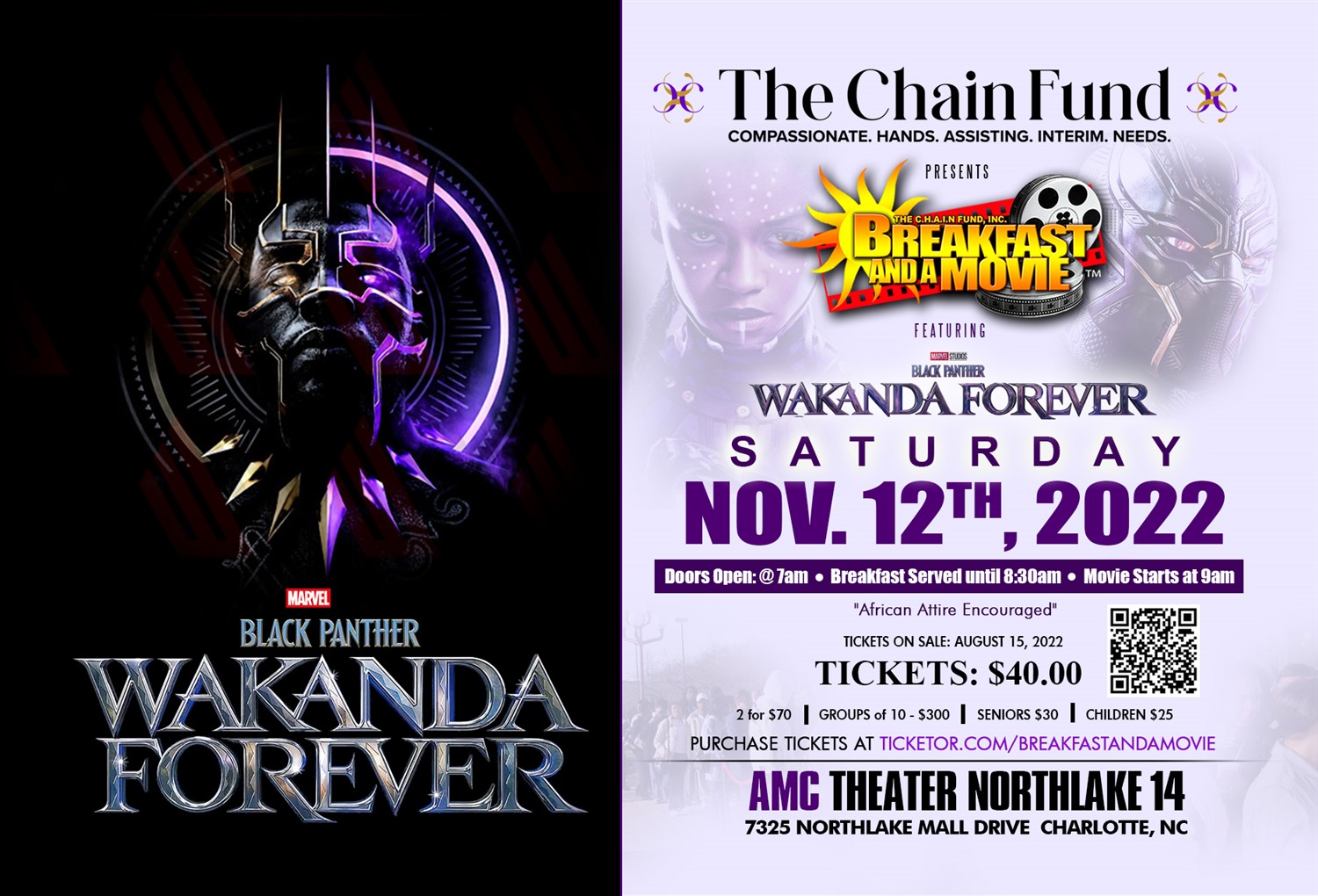 The Chain Fund's Breakfast and A Movie(TM) Featuring: Wakanda Forever on Nov 12, 08:00@Cinergy Dine In Cinemas - Compra entradas y obtén información entcfundinc.org 