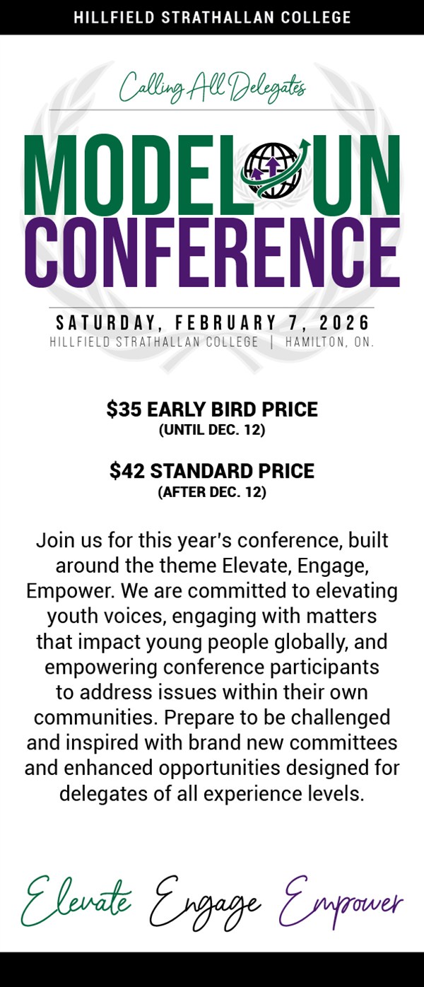 Get Information and buy tickets to HSC Model UN Conference 2026 Calling All Delegates! on Hillfield Strathallan College Ticketor