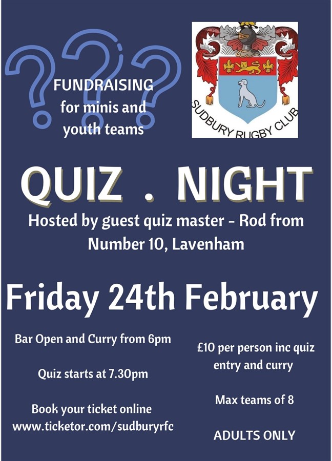 Get Information and buy tickets to Quiz Night Fundraising for the Minis and Youth sections on Sudbury RFC