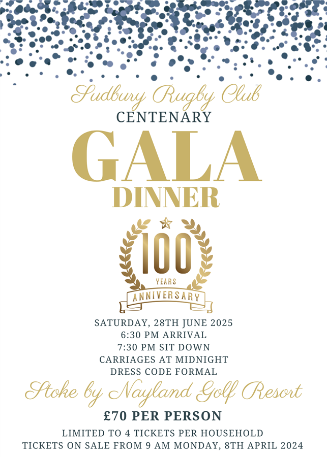 Get Information and buy tickets to Centenary Gala Dinner  on Sudbury RFC