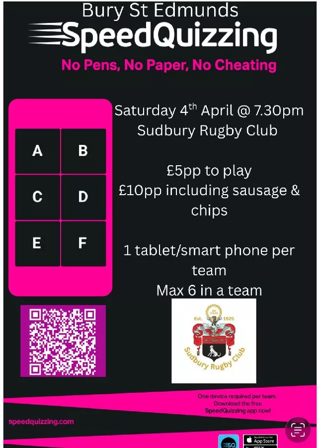 Get Information and buy tickets to SpeedQuizzing at Sudbury RFC £5pp to play, £10pp inc sausage and chips, max 6 per team on Sudbury RFC