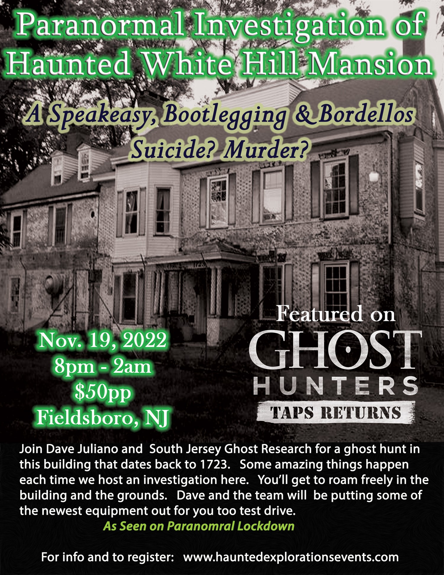 Investigate Whitehill Mansion As Seen on Many TV Shows on nov. 19, 20:00@White Hill Mansion - Buy tickets and Get information on Thriller Events thriller.events