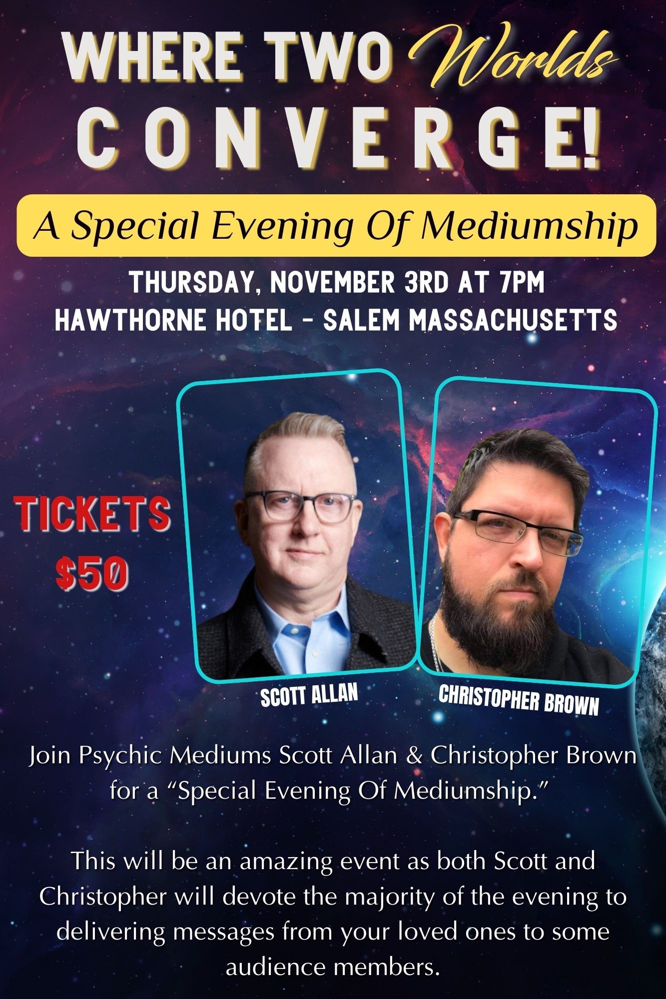 Where Two Worlds Converge A special Evening of Mediumship on nov. 03, 19:00@The Hawthorne Hotel - Buy tickets and Get information on Thriller Events thriller.events