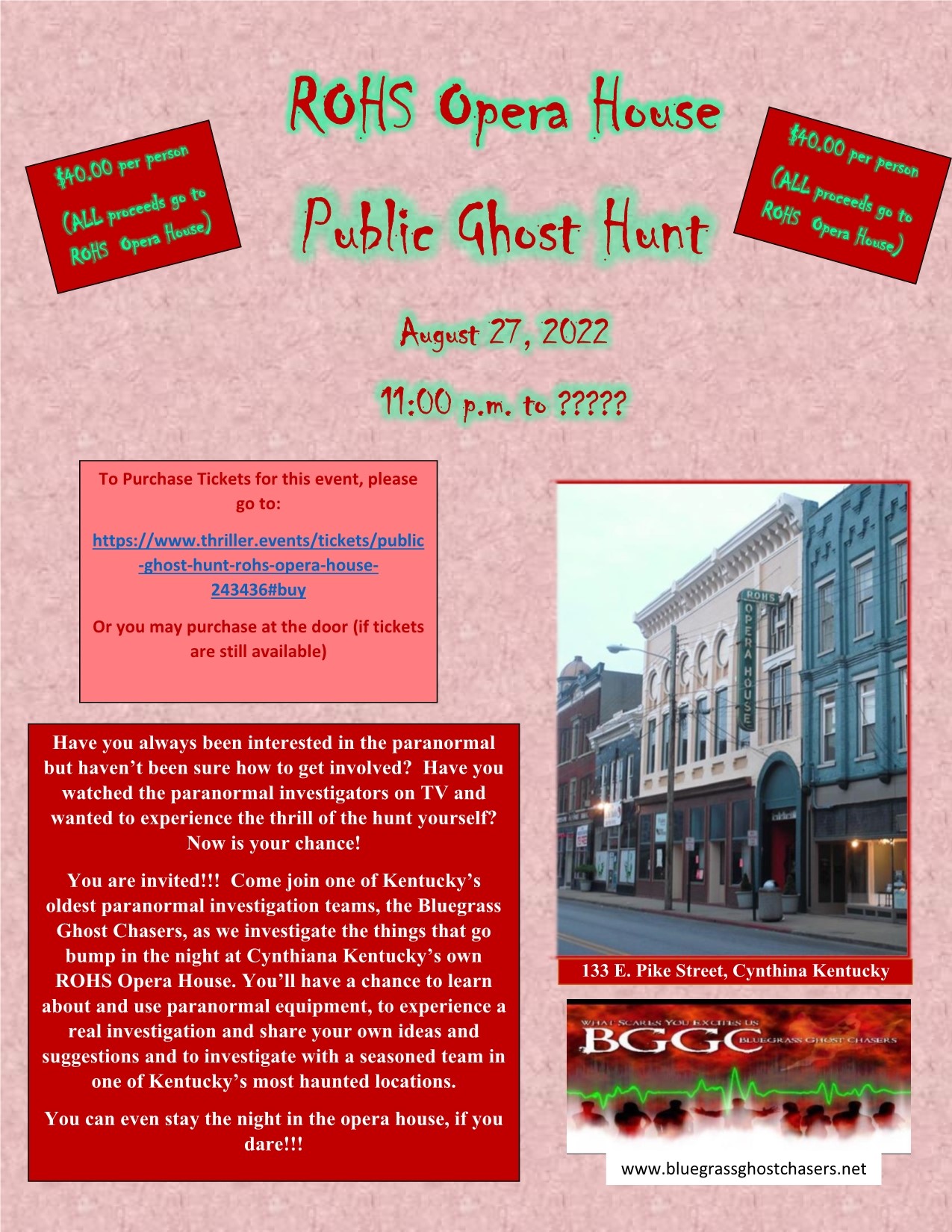Public Ghost Hunt @ ROHS Opera House  on ago. 27, 23:00@ROHS Opera House - Buy tickets and Get information on Thriller Events thriller.events
