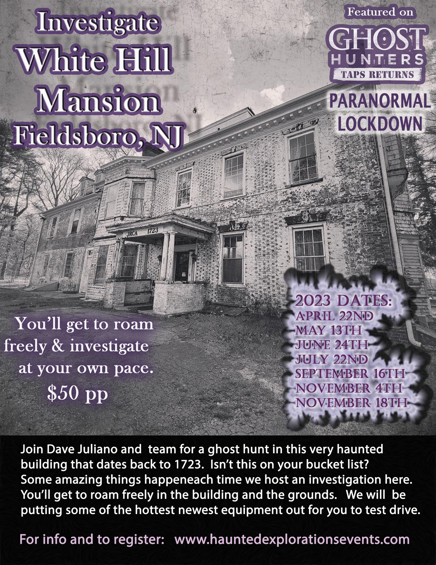Investigate Whitehill Mansion  on avr. 22, 20:00@White Hill Mansion - Achetez des billets et obtenez des informations surThriller Events thriller.events