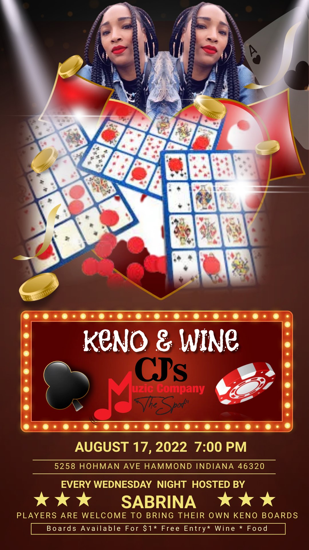 Keno & Wine  on Aug 17, 20:00@CJ's Muzic Company-The Spot LLC - Buy tickets and Get information on CJ'S Muzic The Spot LLC 