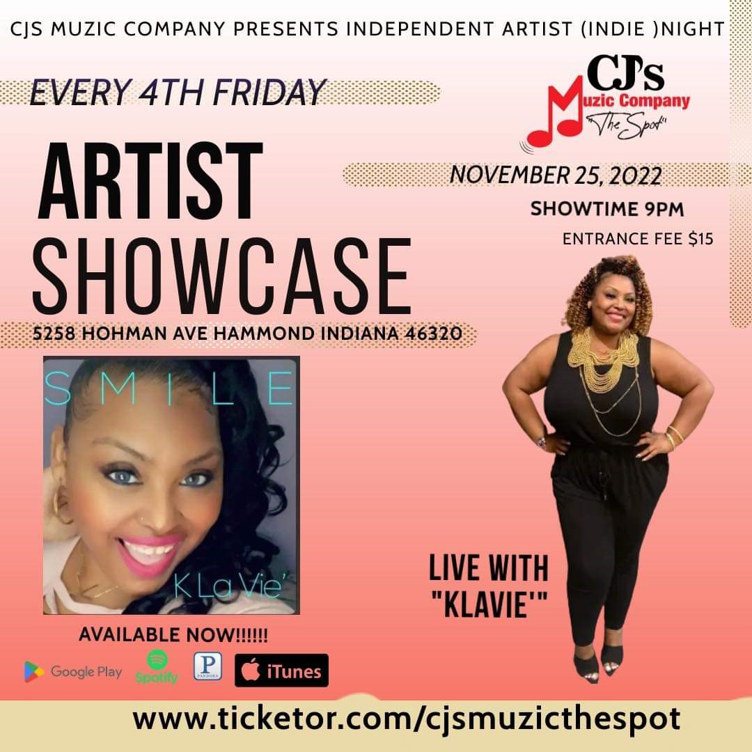 Indie Night Featuring K'Lavie on Nov 27, 00:00@CJ's Muzic Company-The Spot LLC - Buy tickets and Get information on CJ'S Muzic The Spot LLC 