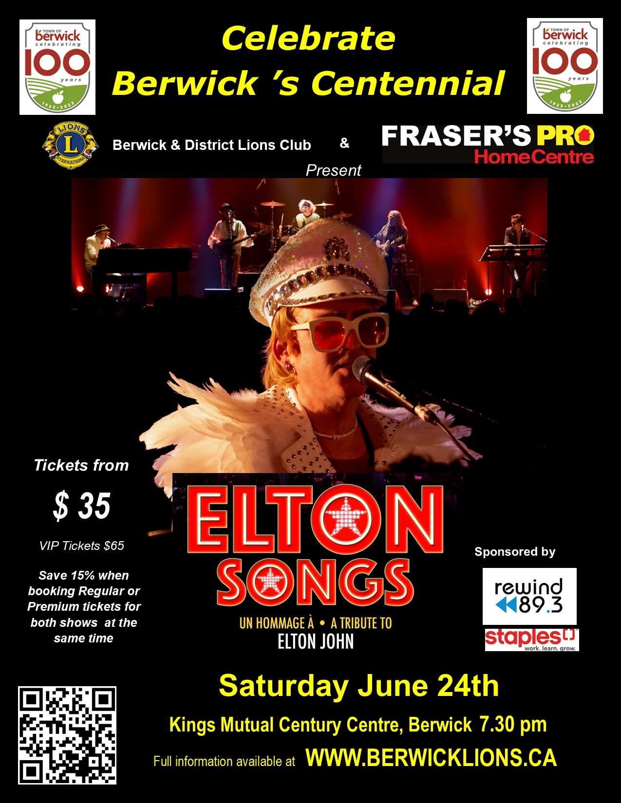 Elton Songs in Concert A tribute to Elton John. Celebrating Berwick's Centennial on Jun 24, 19:30@Kings Mutual Century Centre - Pick a seat, Buy tickets and Get information on Berwick Lions Concert 