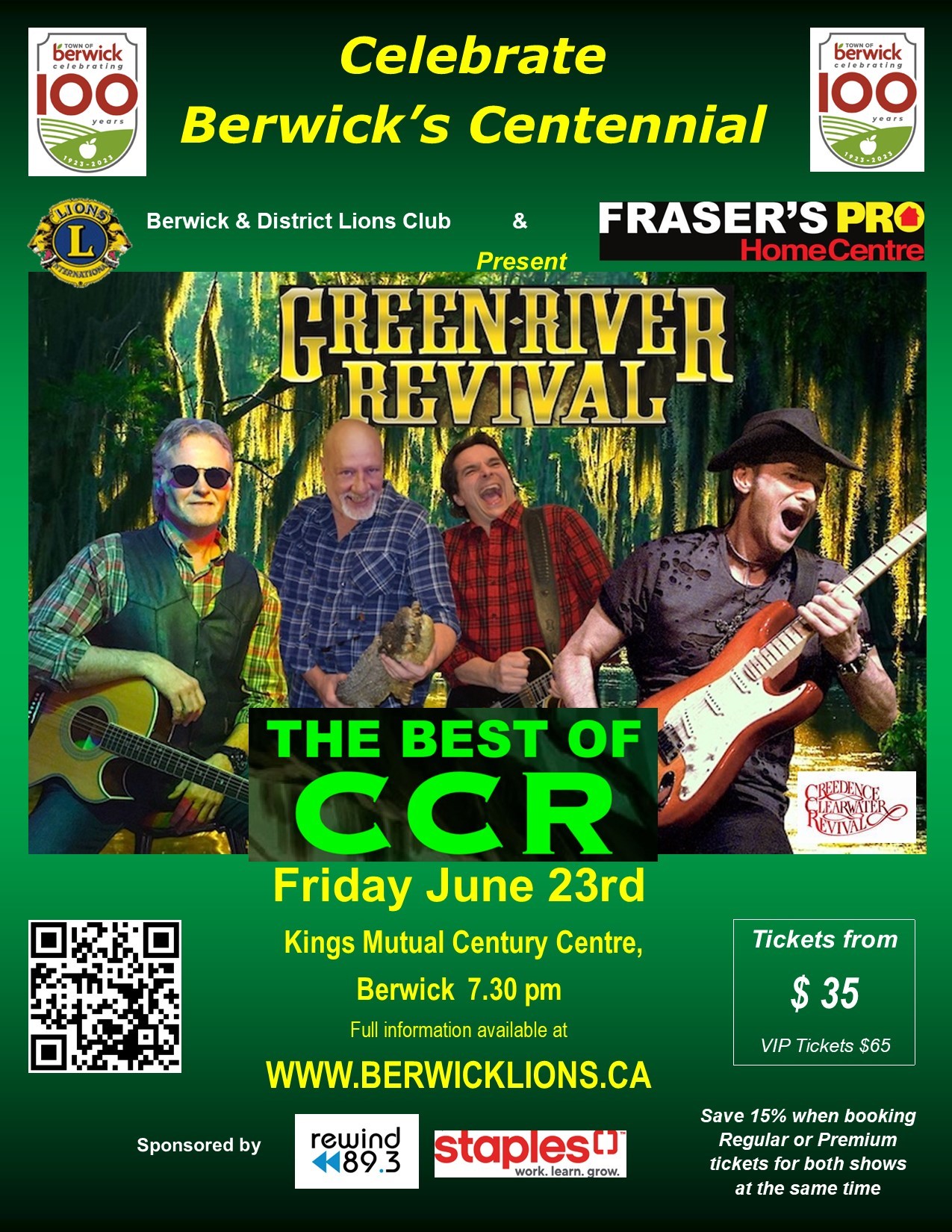 Green River Revival in concert A tribute to Creedence Clearwater Revival CCR. Celebrating Berwick's Centennial on Jun 23, 19:30@Kings Mutual Century Centre - Pick a seat, Buy tickets and Get information on Berwick Lions Concert 
