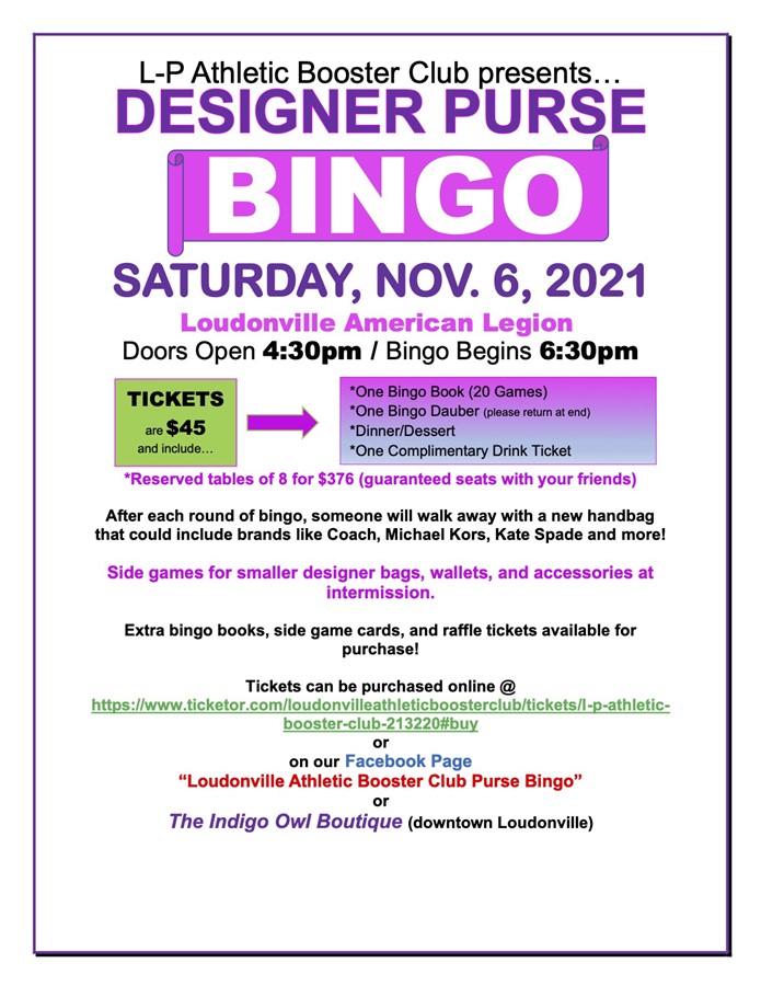 Get Information and buy tickets to L-P Athletic Booster Club 2021 Purse Bingo on Loudonvile Athletic Booster Club