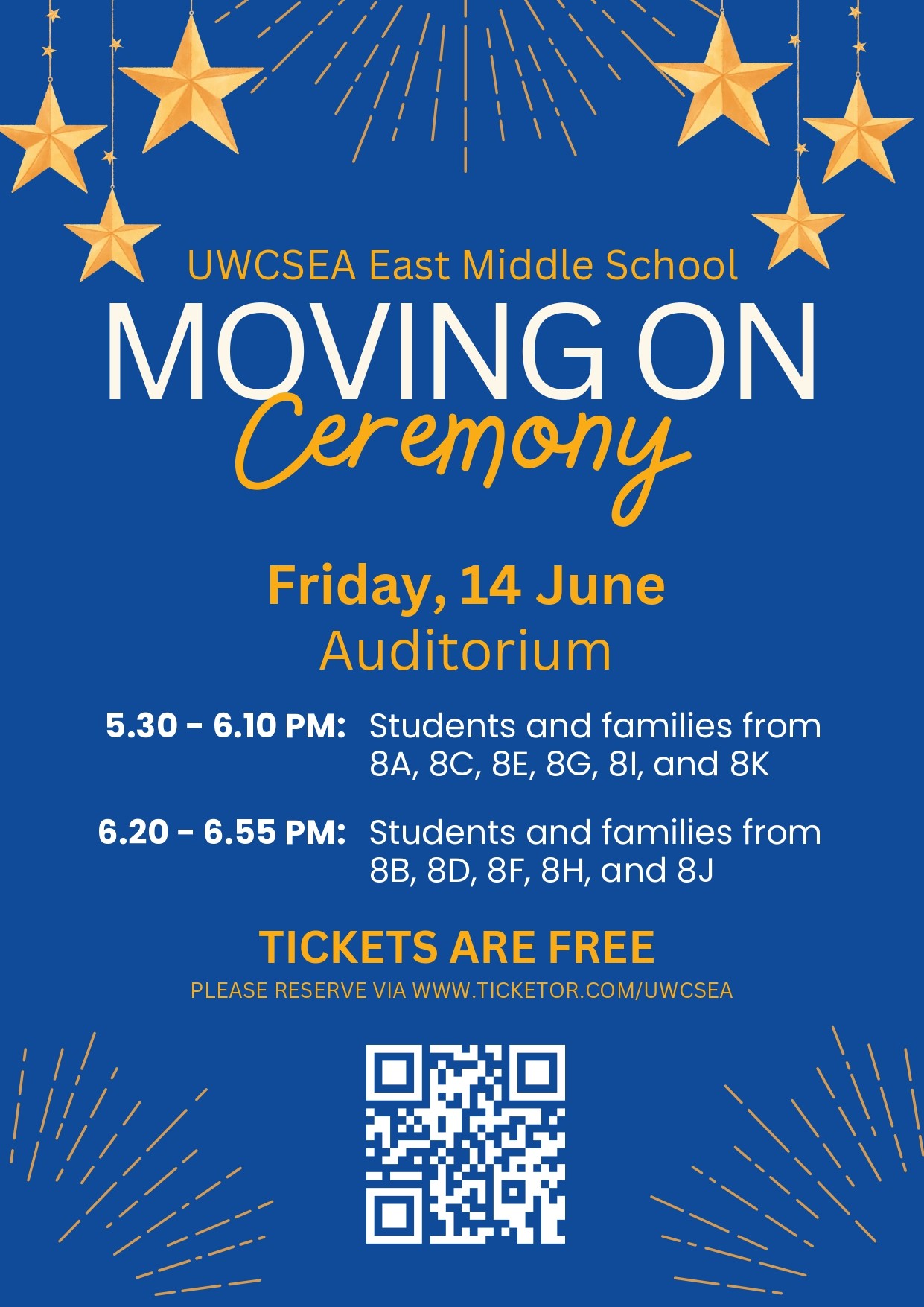 Grade 8 Moving On Assembly 2 (featuring G8 B, D, F, H, J)  on Jun 14, 18:20@UWCSEA East Auditorium - Pick a seat, Buy tickets and Get information on UWCSEA Ticket Hub uwcsea