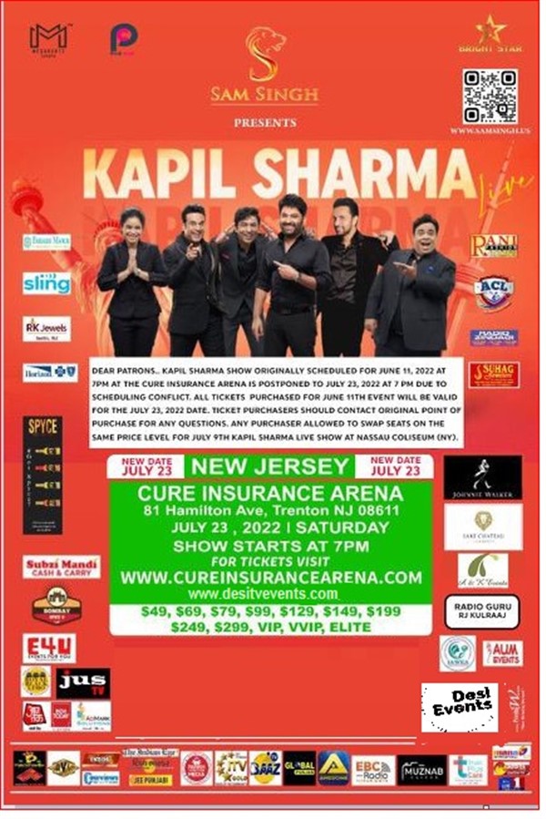 Kapil Sharma Live In Concert in New Jersey Kapil Sharma Live In Concert in New Jersey on Jul 23, 19:00@Cure Insurance Arena - Buy tickets and Get information on Desi Events desievents.org