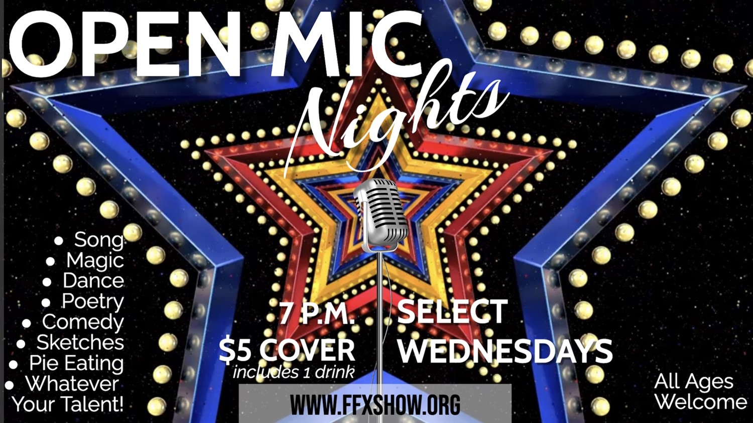OPEN MIC NIGHT Come out to enjoy or share your talents on the FFX Stage! on feb. 22, 19:00@FFX Theatre - Compra entradas y obtén información enFamily Fun Xperience tickets.ffxshow.org