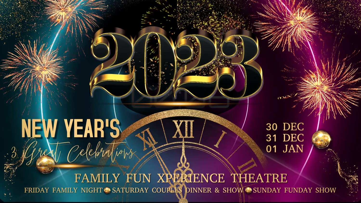 New Year's Eve Couple's Event Dinner, Game Show, Music, and Celebration! (Couple's Only, 18 & Over) on Dec 31, 19:30@FFX Theatre - Pick a seat, Buy tickets and Get information on Family Fun Xperience tickets.ffxshow.org