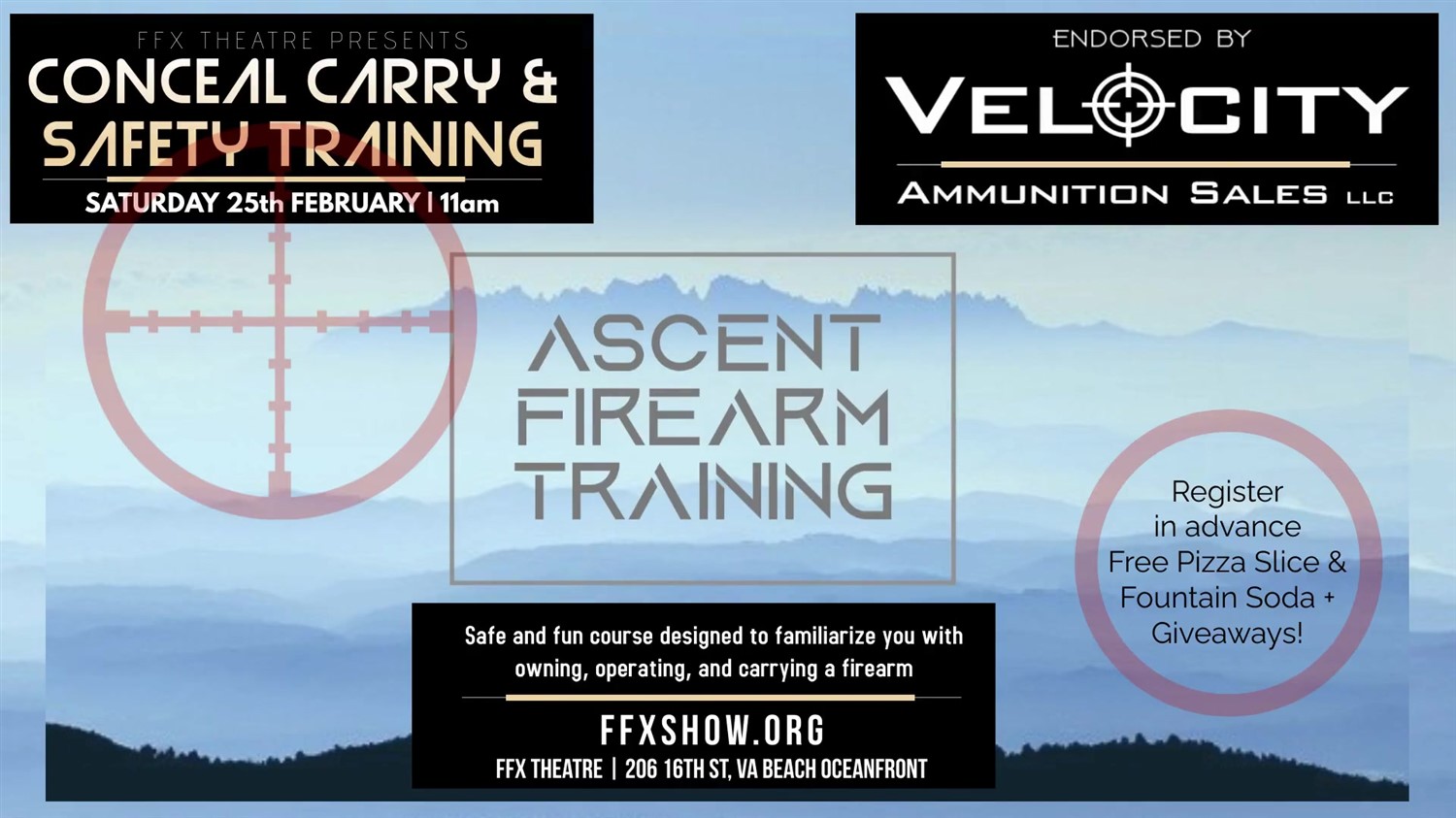ASCENT FIREARM TRAINING Conceal Carry and/or Safety Class on feb. 25, 11:00@FFX Theatre - Compra entradas y obtén información enFamily Fun Xperience tickets.ffxshow.org