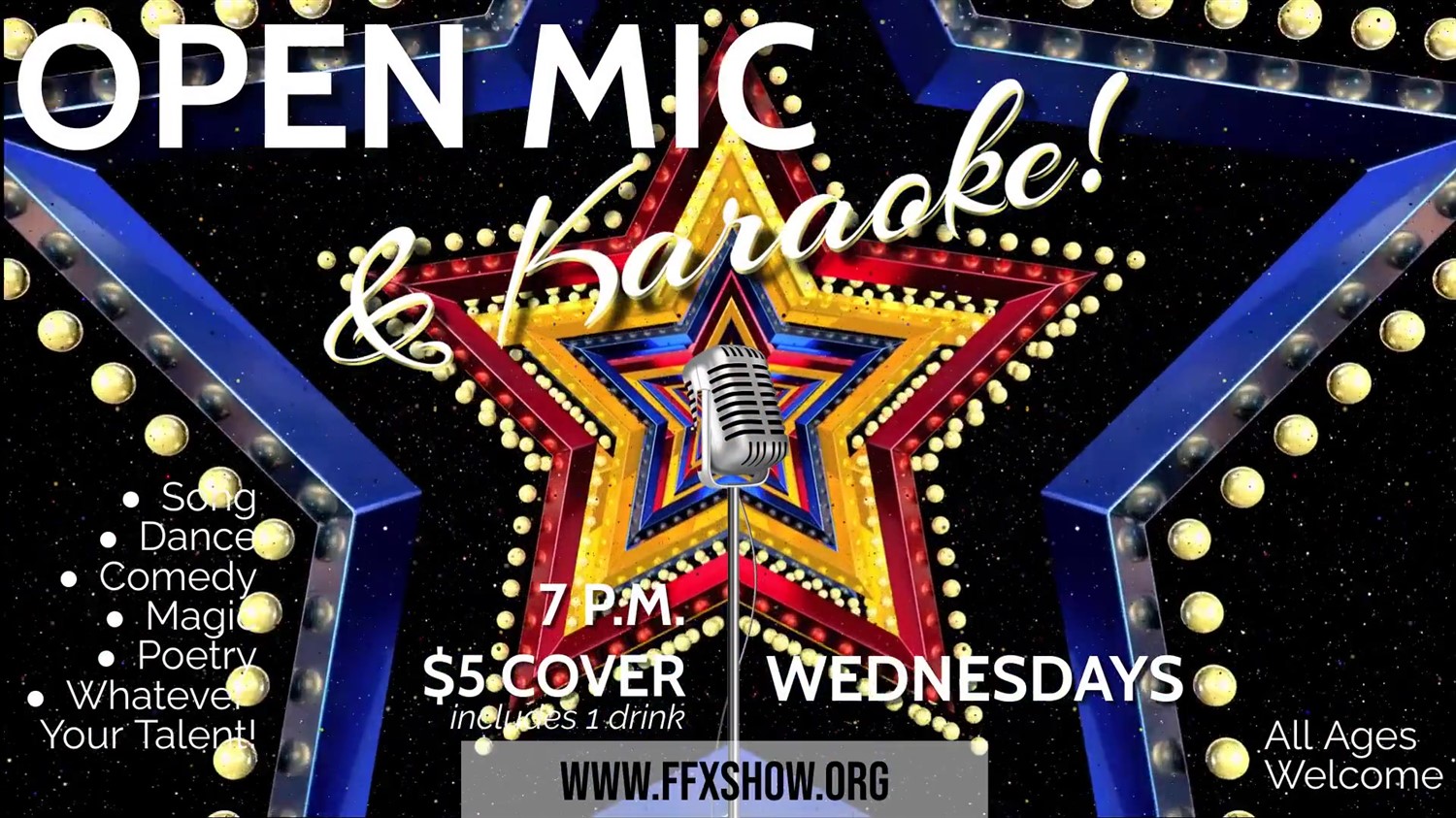 KARAOKE & OPEN MIC NIGHT Come and share your talents on the FFX Stage! on Mar 29, 19:00@FFX Theatre - Buy tickets and Get information on Family Fun Xperience tickets.ffxshow.org