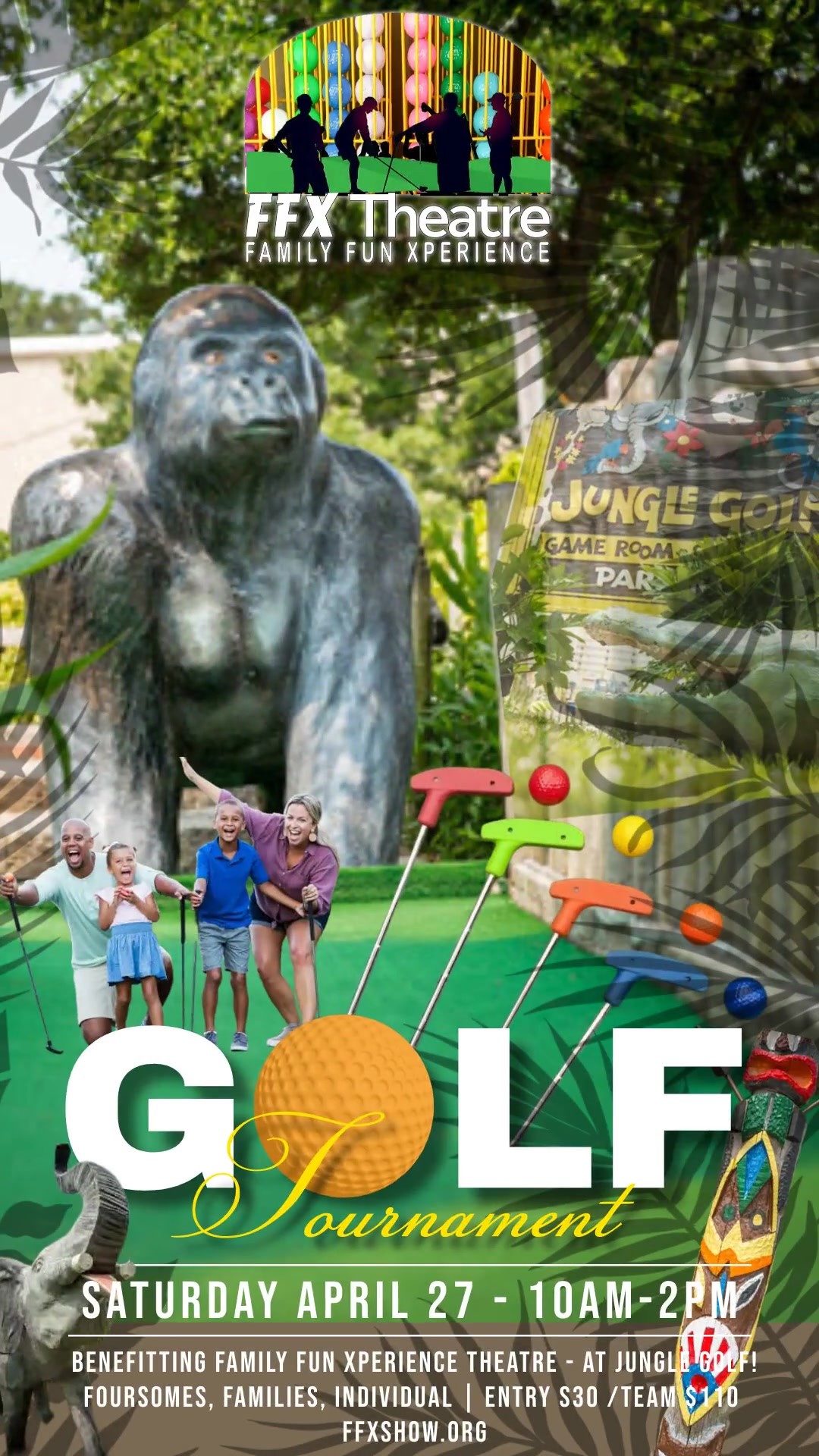 Jungle Golf Tournament! FFX Fun-raiser for all ages! on abr. 29, 00:00@Jungle Golf - Compra entradas y obtén información enFamily Fun Xperience tickets.ffxshow.org