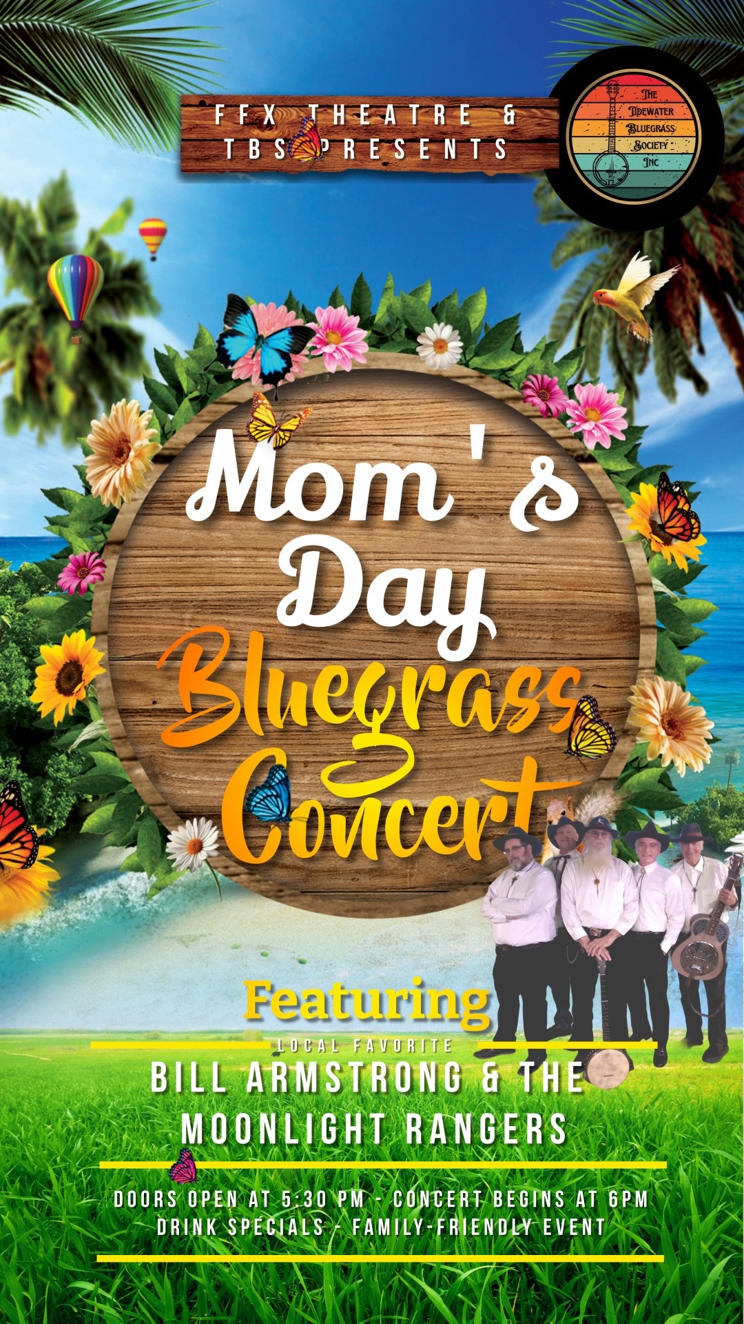 Bluegrass Concert for Mom's Day! FEATURING BILL ARMSTRONG & THE MOONLIGHT RANGERS on may. 12, 18:00@FFX Theatre - Compra entradas y obtén información enFamily Fun Xperience tickets.ffxshow.org