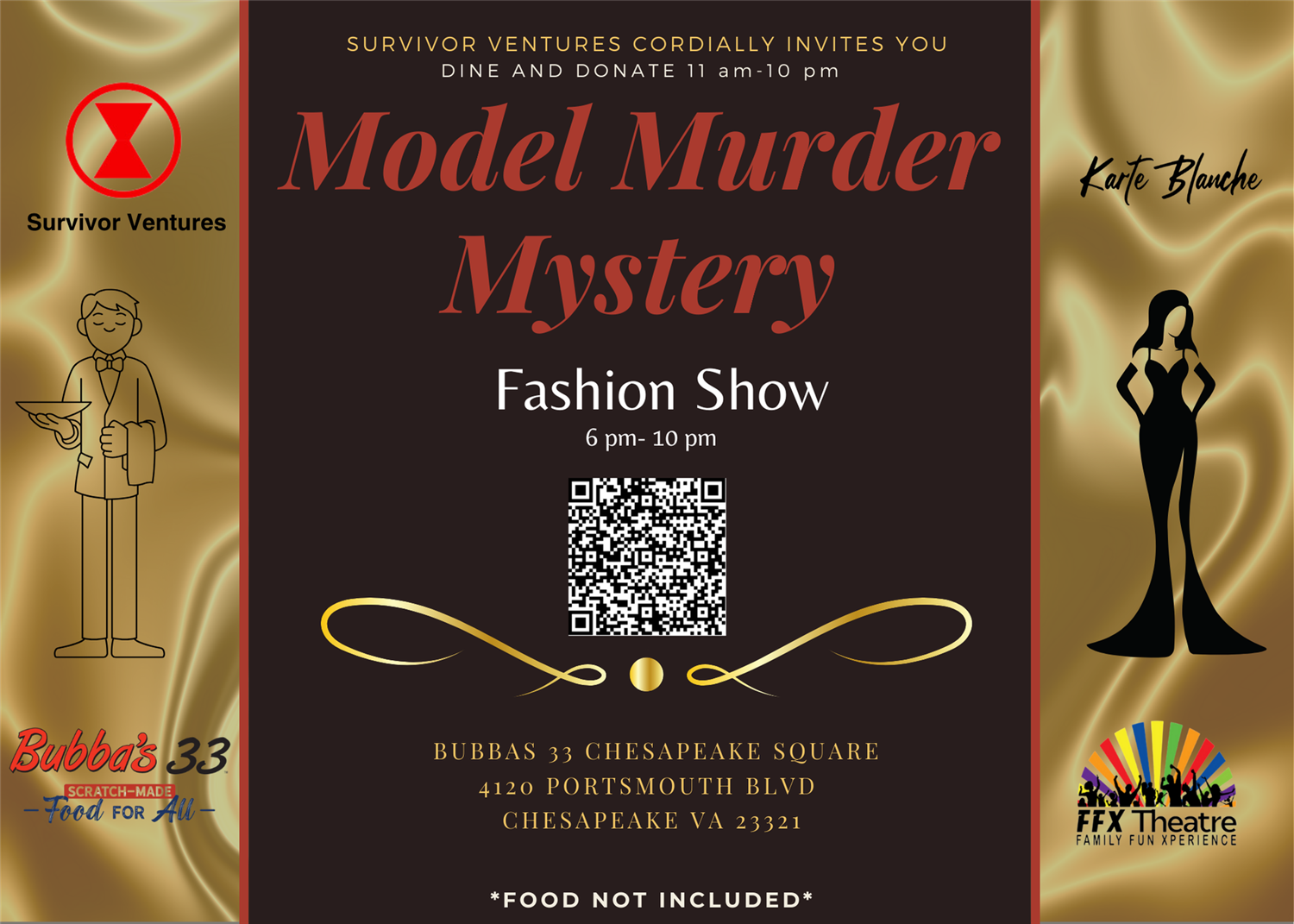 Dine and Donate: MODEL MURDER MYSTERY Benefit for Survivor Ventures at BUBBA'S 33 in Chesapeake (mystery hosted by FFX) on Jul 30, 18:00@Bubba's 33 - Chesapeake Square - Buy tickets and Get information on Family Fun Xperience tickets.ffxshow.org