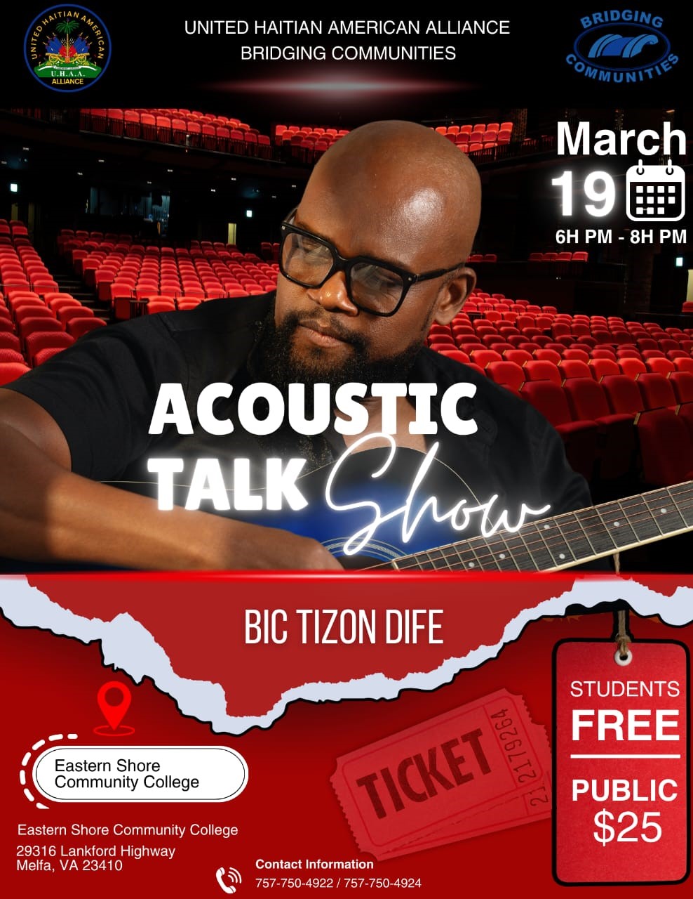 Get information & buy tickets to Acoustic Talk Show With BIC Tizon Dife : at Eastern Shore Community College on Mar 19, 18:00 @Eastern Shore Community College