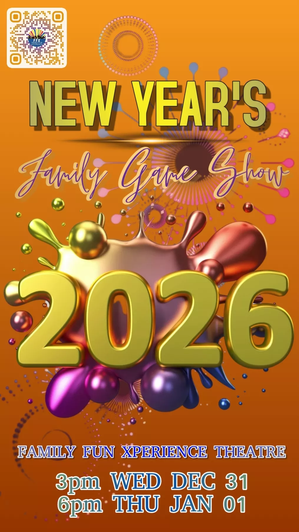 Get information, pick a seat & buy tickets toNEW YEARS DAY FAMILY GAME SHOW  on Jan 01, 18:00 @FFX Theatre | Family Fun Xperience | tickets.ffxshow.org