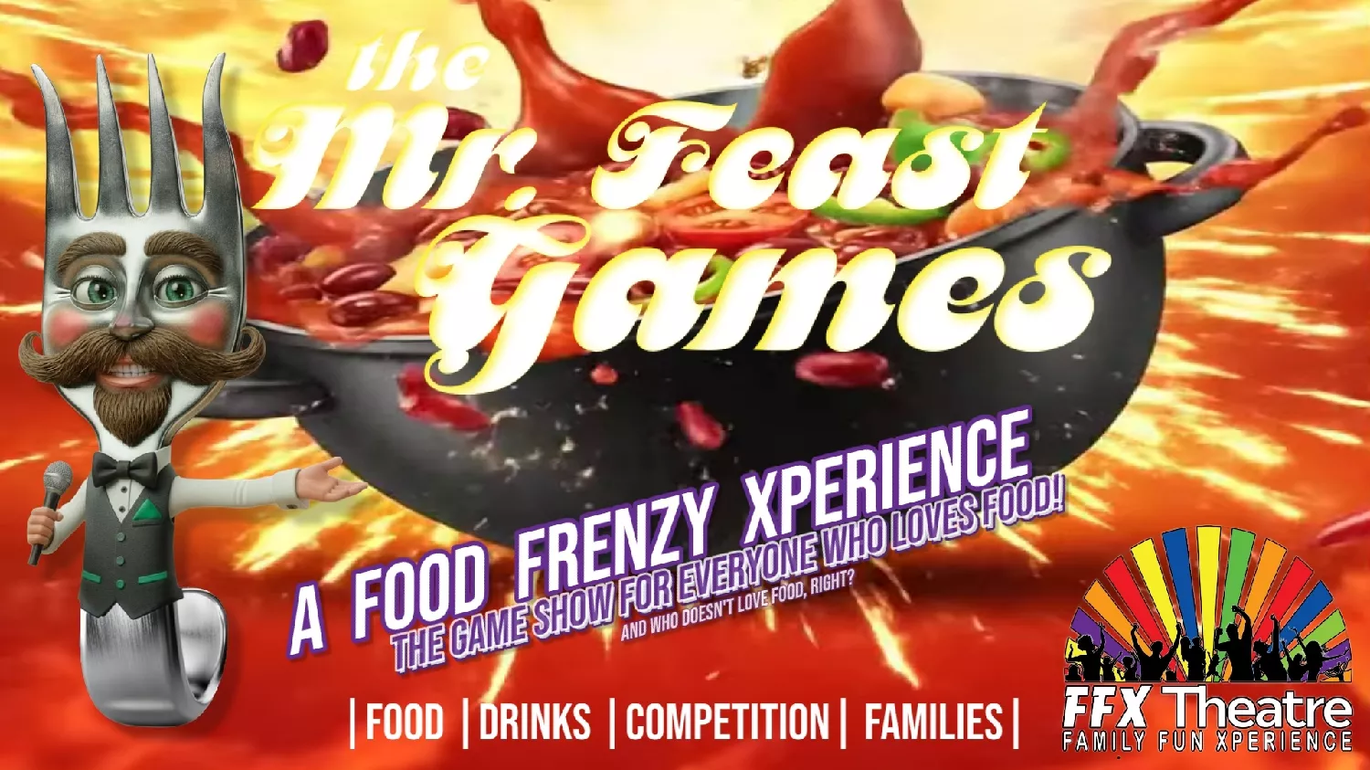Get information, pick a seat & buy tickets toThe MR. FEAST GAMES A NEW Food Frenzy Xperience LIVE Game Show on Sep 07, 19:00 @FFX Theatre