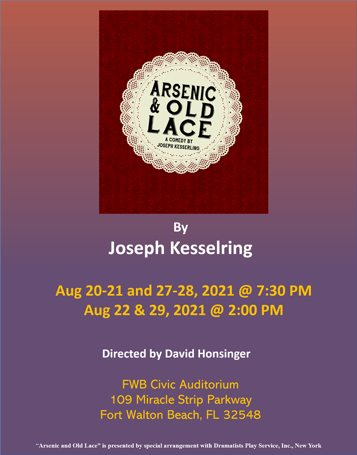 Get Information and buy tickets to Arsenic and Old Lace Aug 20, 21, 22, 27, 28, 29 2021 on Stage Crafters Community Theatre