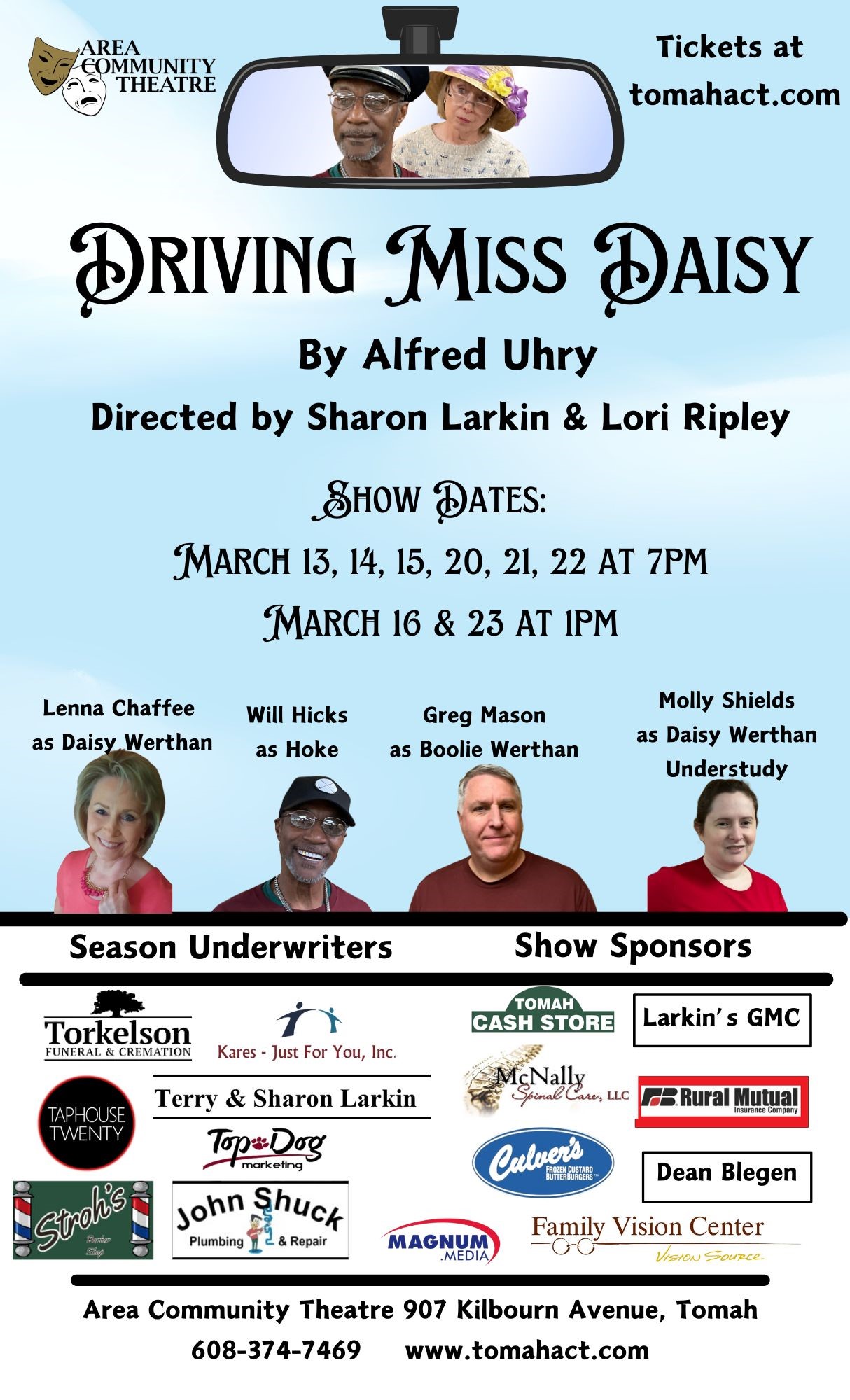 Get information, pick a seat & buy tickets to Driving Miss Daisy By Alfred Uhry on Mar 13, 19:00 @Area Community Theatre | tomahact.com