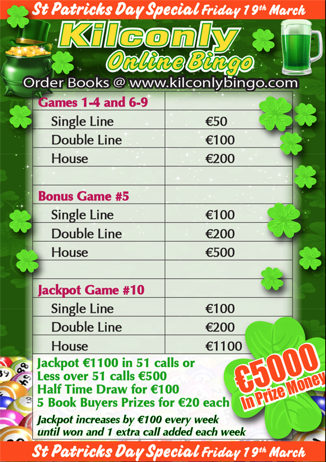 Kilconly Online Bingo Friday 19th March 2021