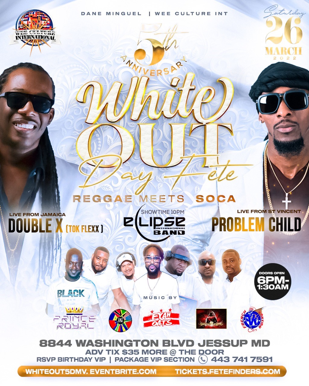 WHITE OUT 5 REGGAE MEETS SOCA on mar. 26, 21:00@8844 Washington Blvd Jessup, MD - Buy tickets and Get information on www.fetefinders.com tickets.fetefinders.com