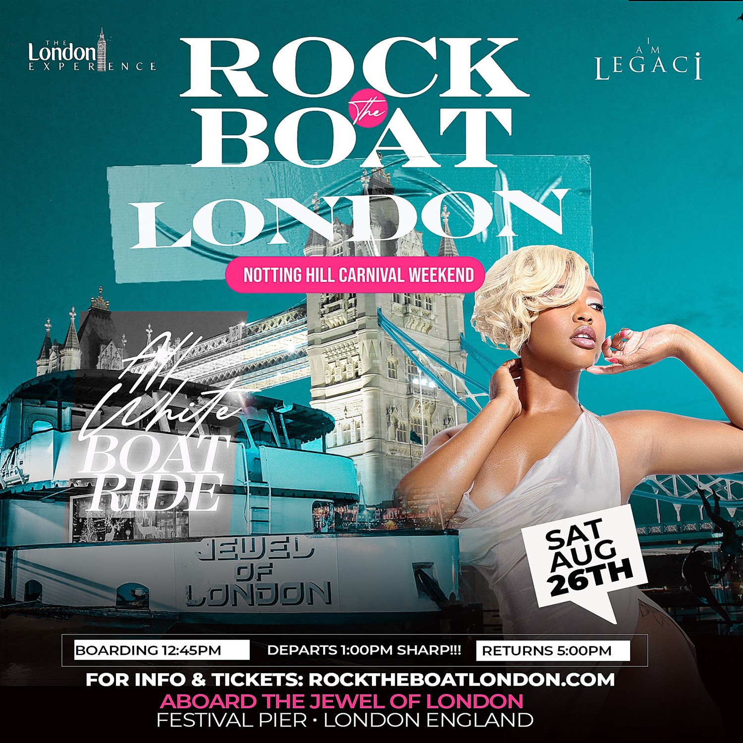 ROCK THE BOAT LONDON ALL WHITE BOAT RIDE PARTY | NOTTING HILL CARNIVAL 2023  on Aug 26, 12:45@Jewel of London - Buy tickets and Get information on www.fetefinders.com tickets.fetefinders.com
