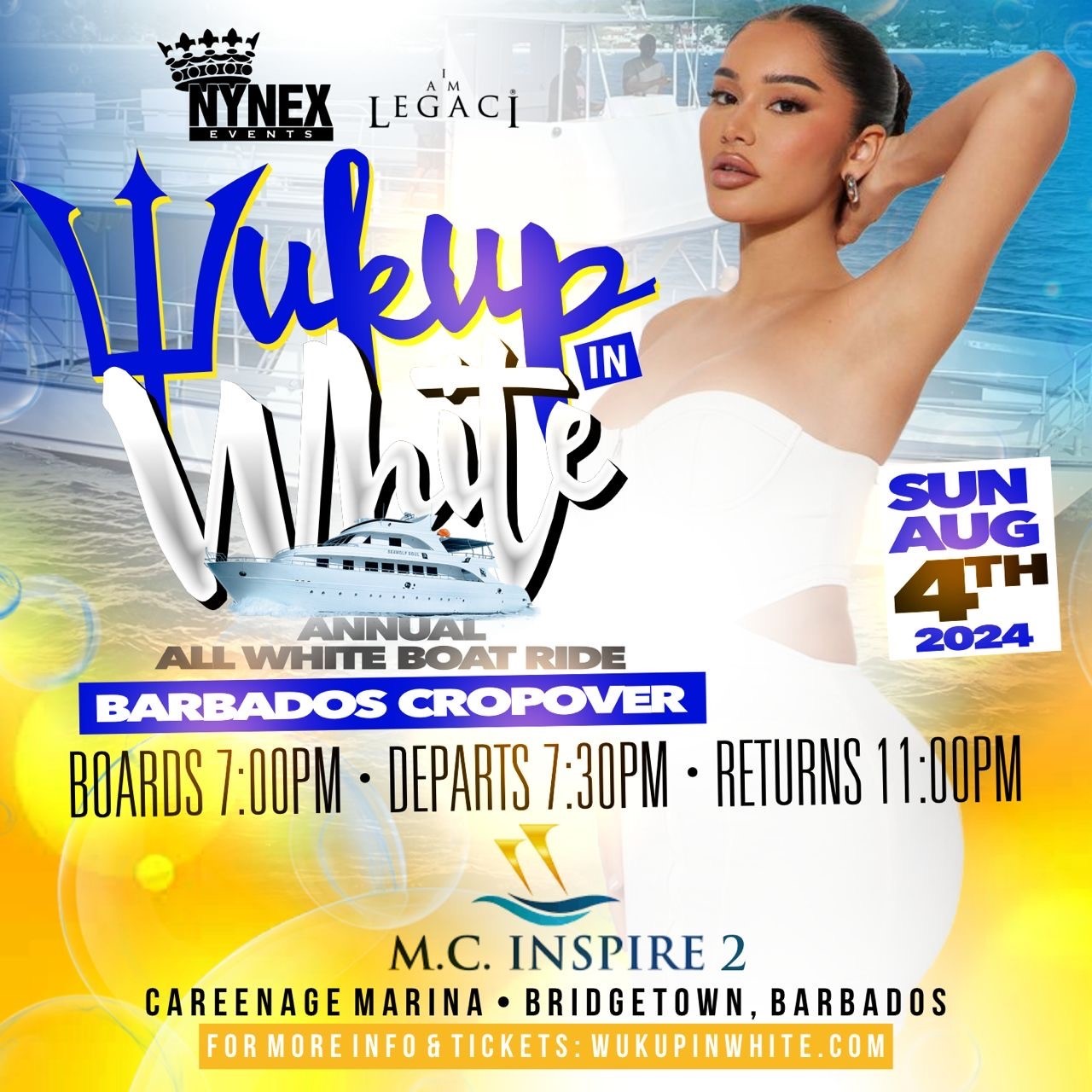 WUK UP IN WHITE The Annual All White Boat Ride · Barbados Crop Over 2024 WUK UP IN WHITE The Annual All White Boat Ride · Barbados Crop Over 2024 on Aug 04, 19:00@M.C. Inspire 2 - Buy tickets and Get information on www.fetefinders.com tickets.fetefinders.com