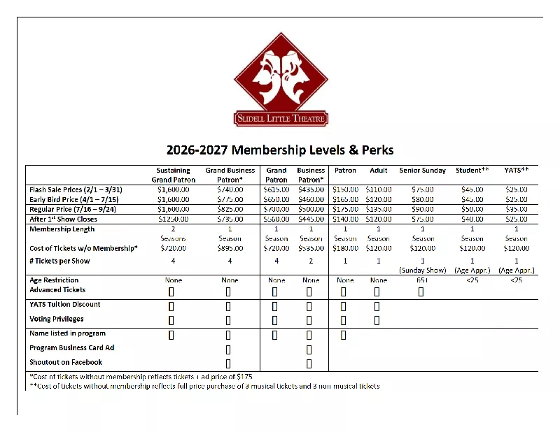 Get Information and buy tickets to 2026 - 2027 SLT Main Stage Season Pass  on Slidell Little Theatre