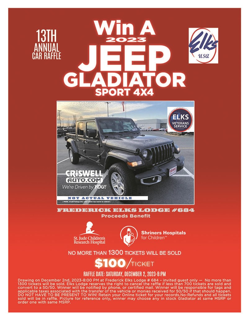 13th Annual Jeep Gladiator Sport 4X4 Raffle Sponsored by Frederick Elks #684 and CriswellAuto.com on Dec 02, 20:00@Frederick Elks #684 - Buy tickets and Get information on https://frederickelks684.com/ 