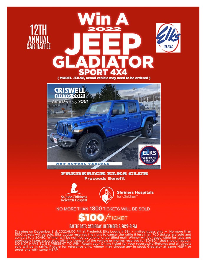 Get Information and buy tickets to 12th Annual Jeep Gladiator Sport 4X4 Raffle Sponsored by Frederick Elks #684 and CriswellAuto.com on https://frederickelks684.com/