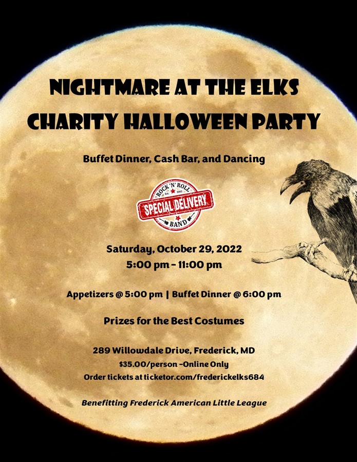 Get Information and buy tickets to Nightmare at the Elks Halloween Costume Party and Dance on https://frederickelks684.com/