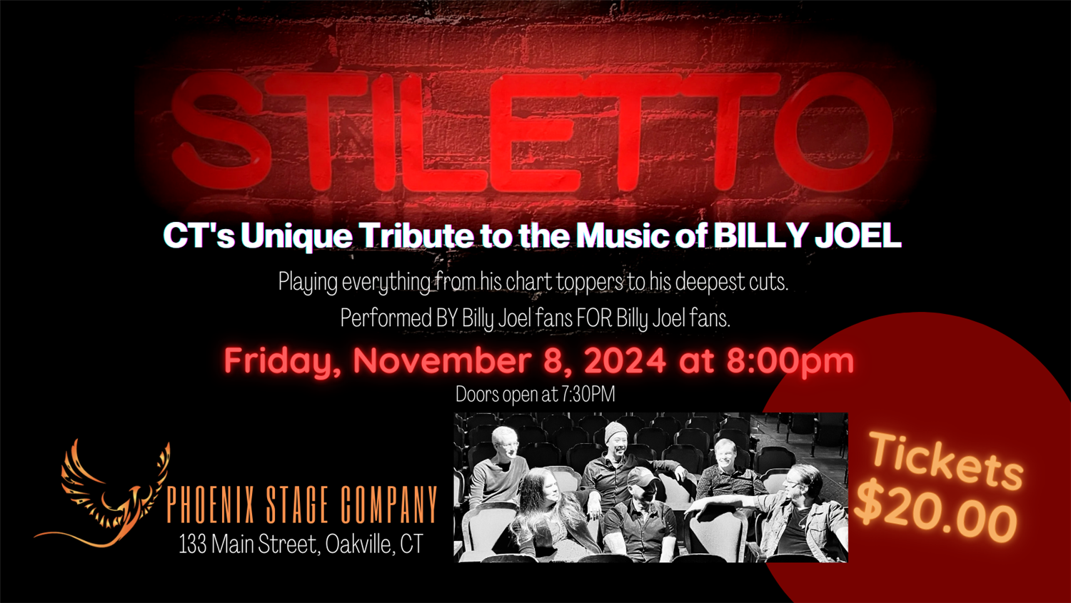 STILETTO Ct's premiere Billy Joel tribute band on nov. 08, 20:00@Phoenix Stage Company - Compra entradas y obtén información enPhoenix Stage Company phoenixstagecompany