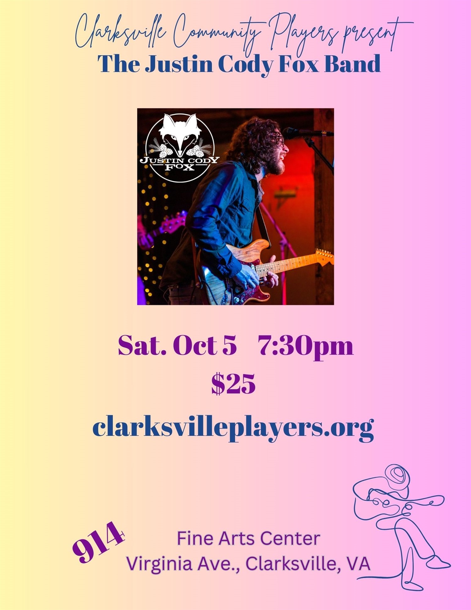 Obtenga información, elija un asiento y compre entradas paraJustin Cody Fox Band  on oct. 05, 19:30 @Clarksville Fine Arts Center | clarksvilleplayers.org