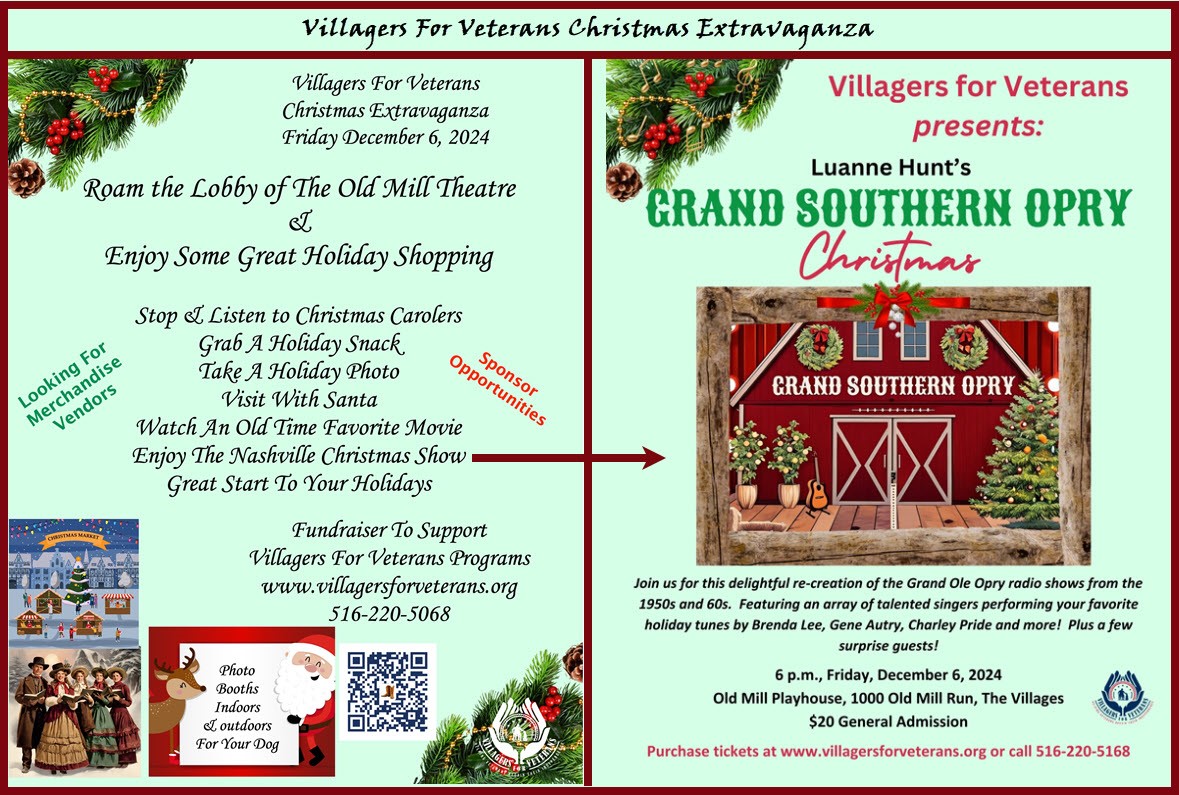 Get information & buy tickets to VILLAGERS FOR VETERANS CHRISTMAS EXTRAVAGANZA MARKETPLACE- 11AM   SHOWTIME- 6PM on Dec 06, 11:00 @OLD MILL PLAYHOUSE 120624