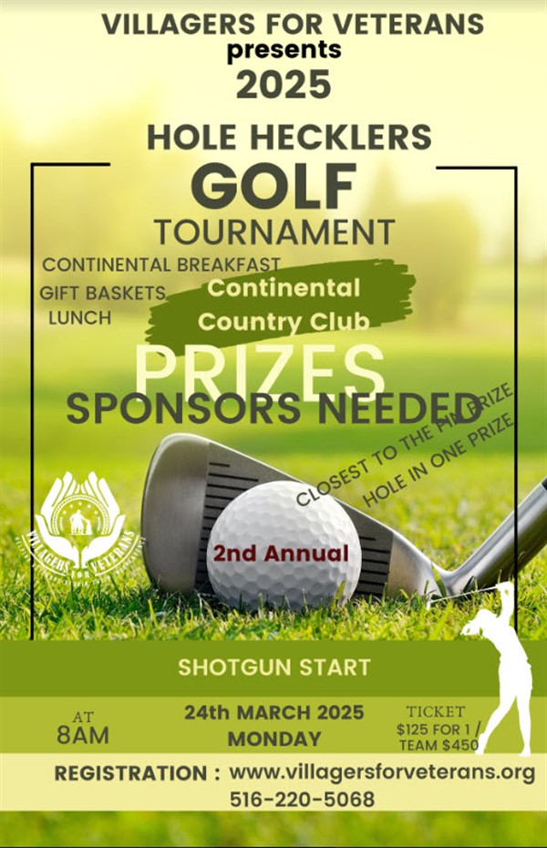 Get information & buy tickets to 2025 HOLE HECKLERS GOLF TOURNAMENT  on Mar 24, 08:00 @2025 HOLE HECKLERS GOLF TOURNAMENT | VIllagers For Veterans | v4v