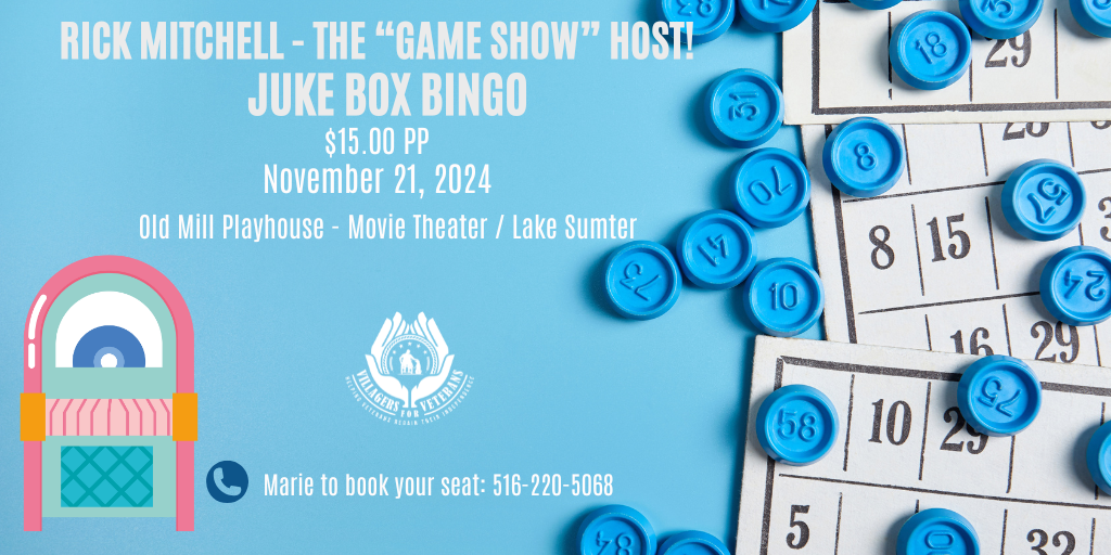 Get information & buy tickets to MONTHLY JUKEBOX BINGO Rick Mitchell on Nov 21, 18:00 @OLD MILL PLAYHOUSE | VIllagers For Veterans | v4v