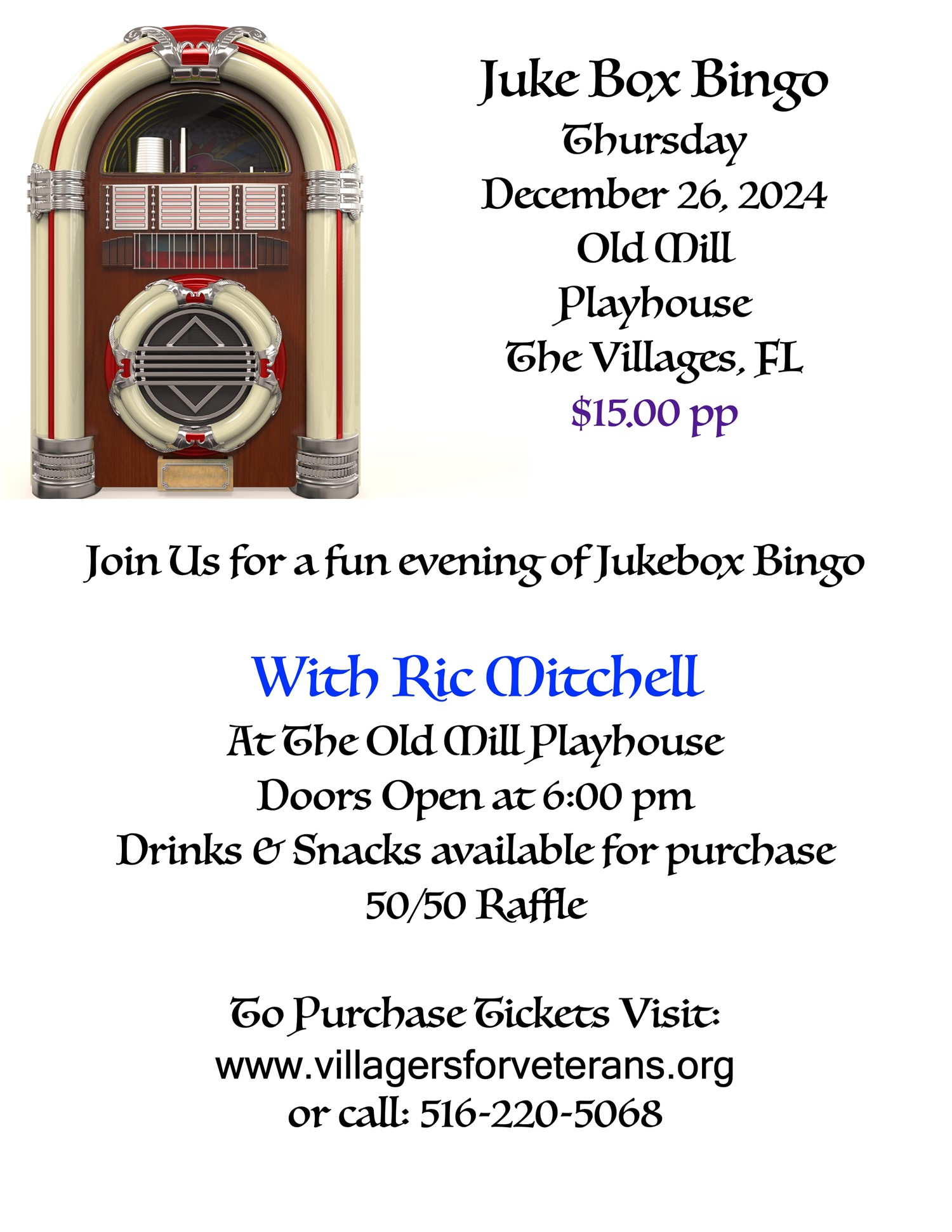 Get information & buy tickets to December Jukebox Bingo With Rick Mitchell on Dec 26, 18:00 @OLD MILL PLAYHOUSE 120624 | VIllagers For Veterans | v4v