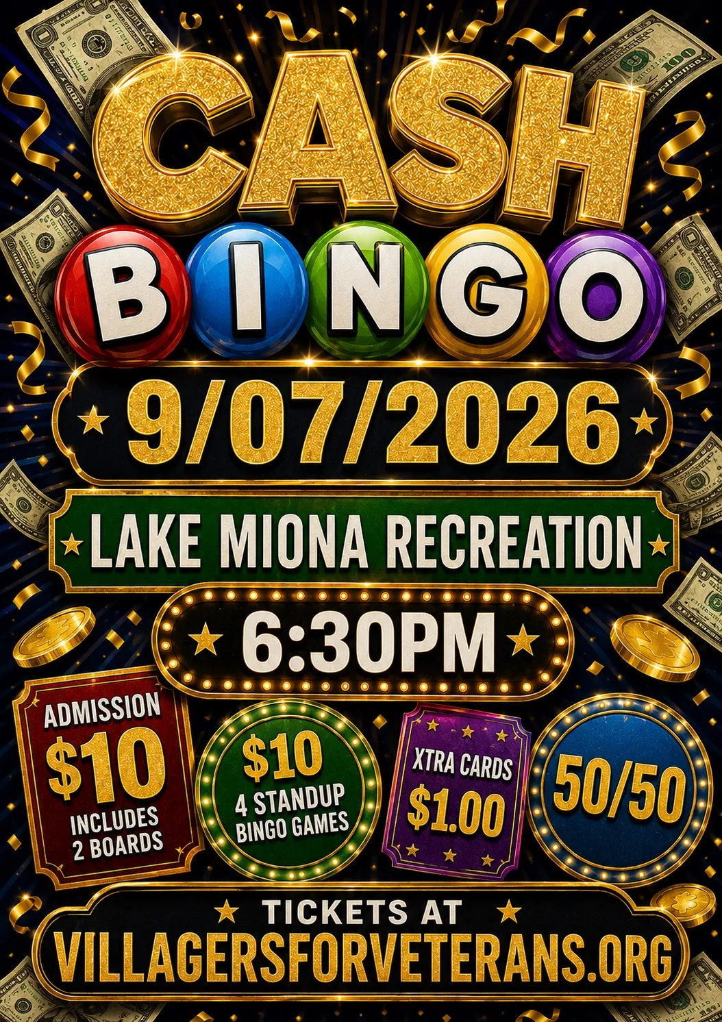 Get Information and buy tickets to September Cash Bingo  on VIllagers For Veterans